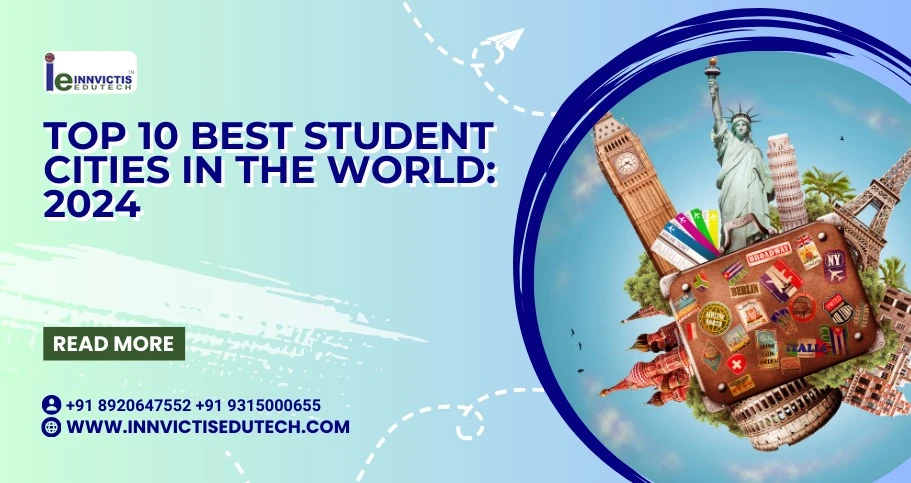 Graphic of "Top 10 Best Student Cities in the World: 2024" with iconic landmarks like the Statue of Liberty and Big Ben around a suitcase. Includes contact details at the bottom.