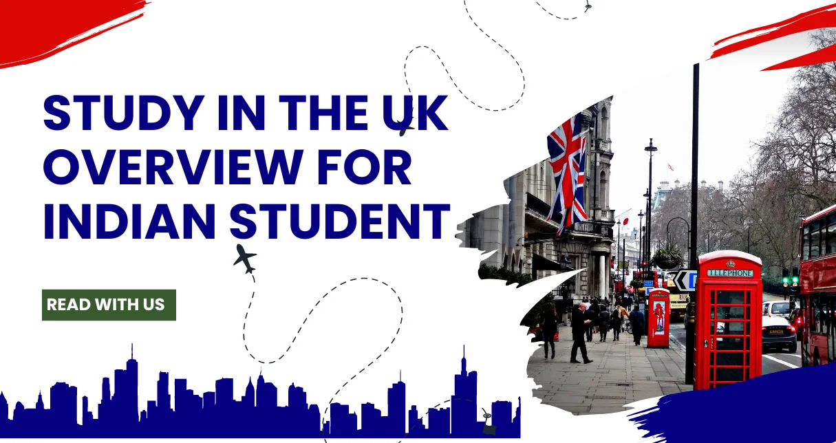 Promotional banner with "Study in the UK: Overview for Indian Student" text and images of a London street with British flags, phone booths, and a silhouette of a city skyline.