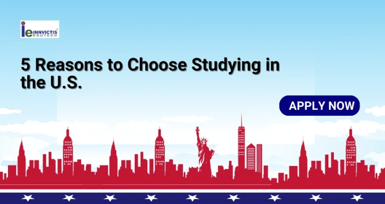Skyline silhouette with the Statue of Liberty, text "5 Reasons to Choose Studying in the U.S.," and a blue button labeled "Apply Now.