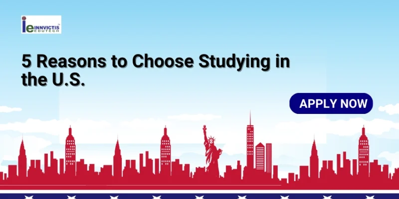 Skyline silhouette with the Statue of Liberty, text "5 Reasons to Choose Studying in the U.S.," and a blue button labeled "Apply Now.
